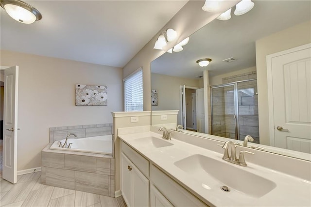 bathroom with vanity and plus walk in shower