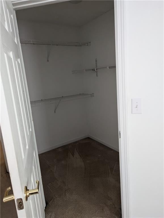 walk in closet featuring dark colored carpet