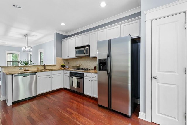 kitchen featuring dark wood-style flooring, a peninsula, tasteful backsplash, a sink, and appliances with stainless steel finishes