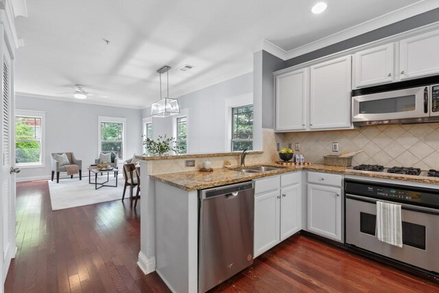 kitchen with appliances with stainless steel finishes, light stone countertops, a sink, white cabinets, and dark wood-style floors