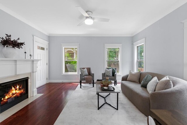 living room with baseboards, a premium fireplace, ceiling fan, and wood finished floors