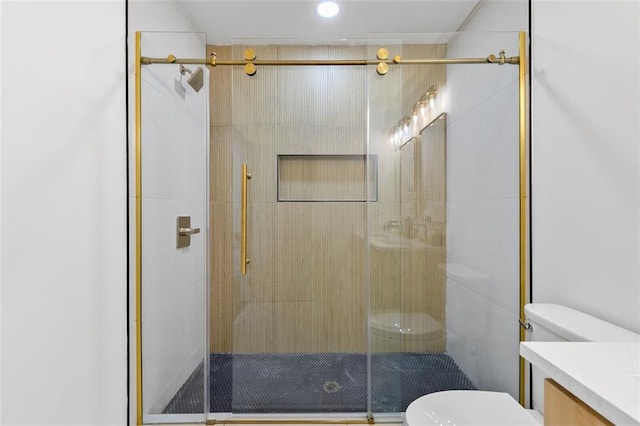 1643 Flintwood Dr SE, Atlanta, GA 30316 - bathroom with toilet, vanity, and a shower stall