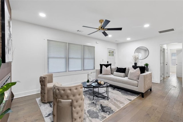 1643 Flintwood Dr SE, Atlanta, GA 30316 - living room featuring ceiling fan, wood finished floors, recessed lighting, and baseboards
