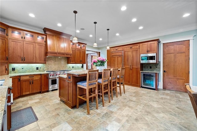 1447 Travis Smith Rd, Clarkesville, GA 30523 - kitchen featuring stainless steel appliances, beverage cooler, brown cabinets, crown molding, and recessed lighting