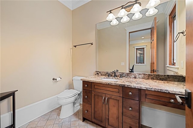 1447 Travis Smith Rd, Clarkesville, GA 30523 - bathroom featuring toilet, vanity, ornamental molding, tile patterned floors, and baseboards