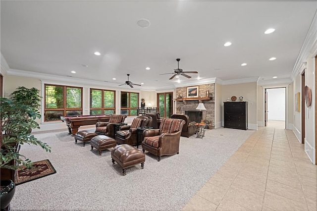 1447 Travis Smith Rd, Clarkesville, GA 30523 - living room with recessed lighting, ornamental molding, pool table, baseboards, and light tile patterned flooring