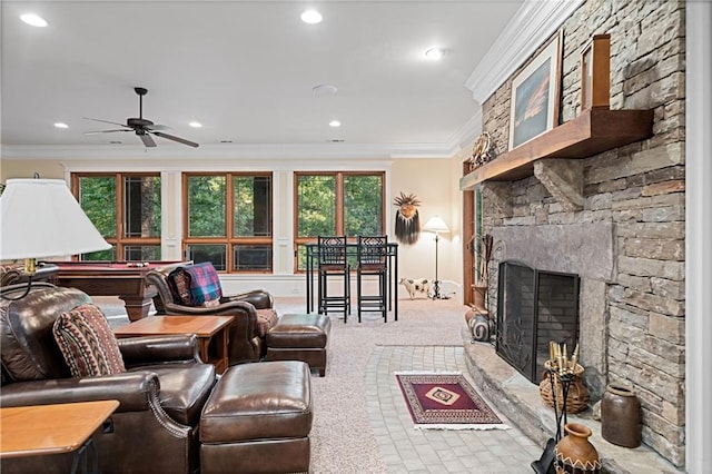 1447 Travis Smith Rd, Clarkesville, GA 30523 - living room with crown molding, ceiling fan, carpet flooring, recessed lighting, and a stone fireplace