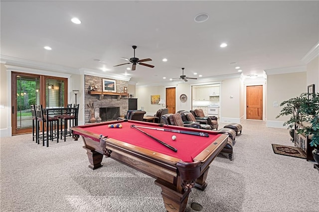 1447 Travis Smith Rd, Clarkesville, GA 30523 - game room featuring crown molding, carpet flooring, billiards, recessed lighting, and a fireplace
