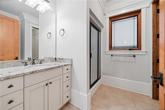 1447 Travis Smith Rd, Clarkesville, GA 30523 - full bathroom with vanity, a stall shower, baseboards, tile patterned floors, and crown molding