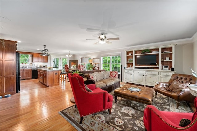 1447 Travis Smith Rd, Clarkesville, GA 30523 - living room featuring ornamental molding, light wood-style floors, and a ceiling fan