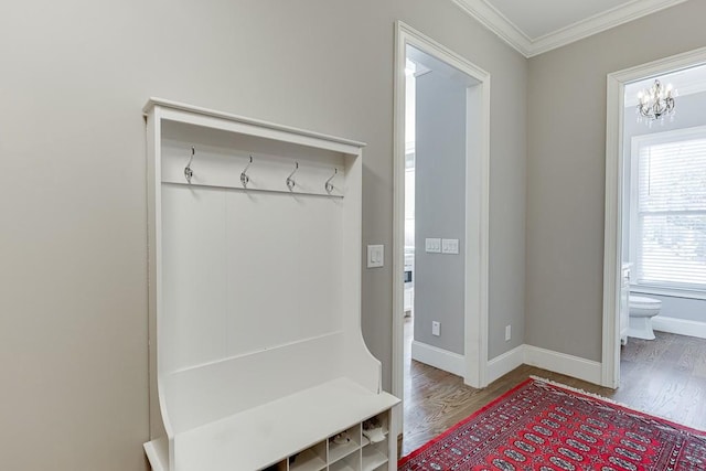 mudroom featuring baseboards, wood finished floors, a chandelier, and crown molding
