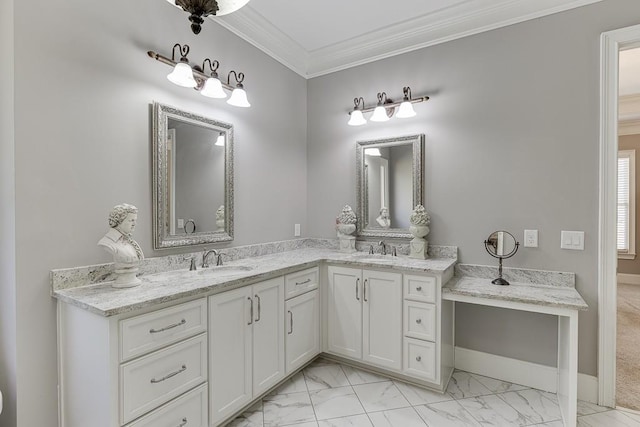 full bathroom featuring marble finish floor, crown molding, a sink, and double vanity