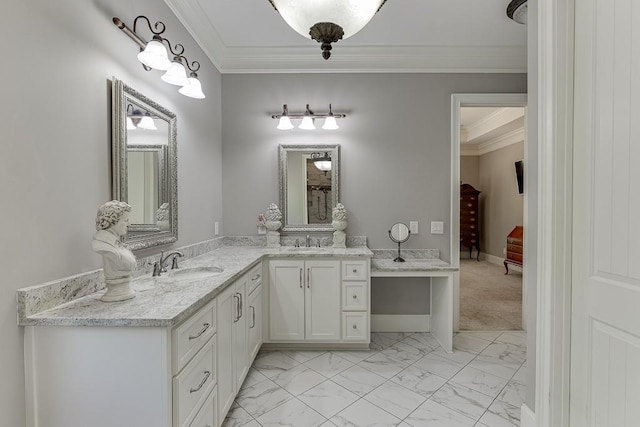 full bathroom with marble finish floor, vanity, and crown molding