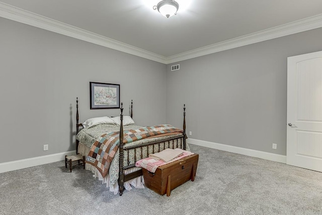 bedroom featuring baseboards, visible vents, carpet floors, and ornamental molding