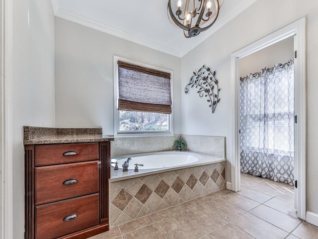 5090 Eubanks Rd, Woodstock, GA 30188 - full bathroom with a chandelier, a garden tub, crown molding, and tile patterned floors