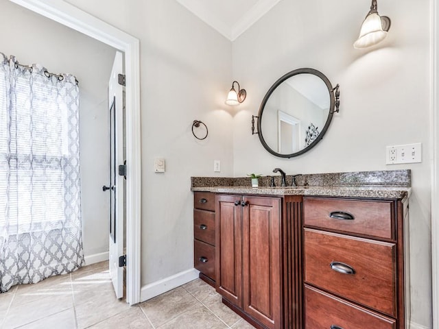 5090 Eubanks Rd, Woodstock, GA 30188 - bathroom featuring vanity, crown molding, baseboards, and tile patterned floors