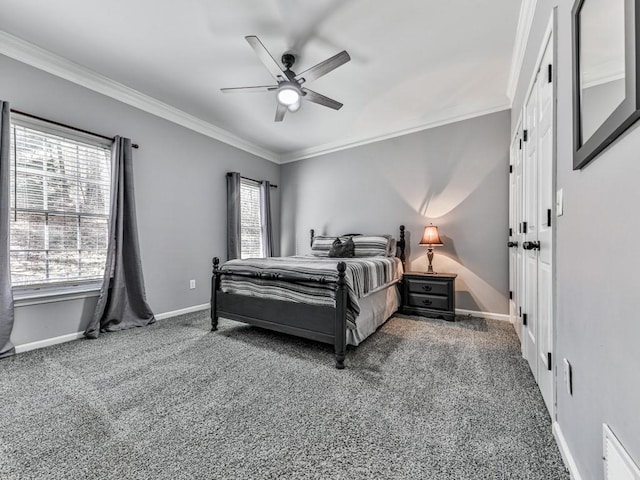 5090 Eubanks Rd, Woodstock, GA 30188 - bedroom featuring carpet floors, baseboards, ornamental molding, and ceiling fan