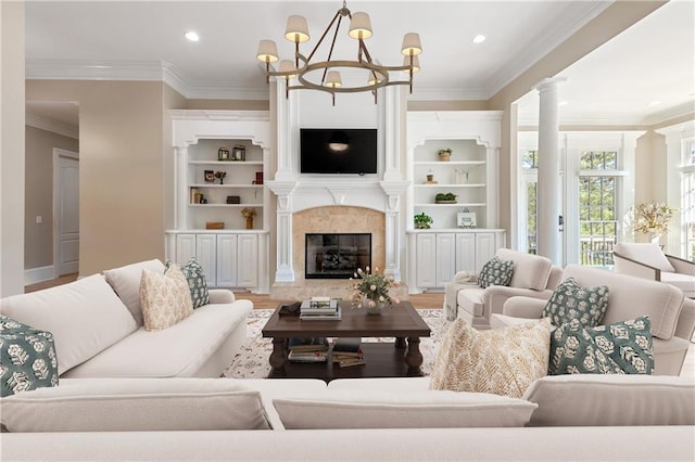 6191 Talmadge Run, Acworth, GA 30101 - living room featuring crown molding, recessed lighting, wood finished floors, and a chandelier