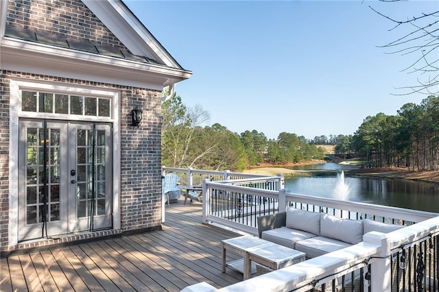6191 Talmadge Run, Acworth, GA 30101 - wooden terrace featuring an outdoor living space, a water view, and french doors