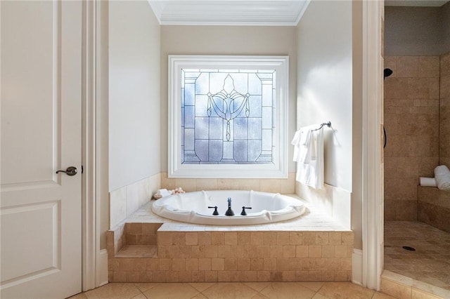 6191 Talmadge Run, Acworth, GA 30101 - bathroom featuring plenty of natural light, a garden tub, a tile shower, tile patterned floors, and ornamental molding