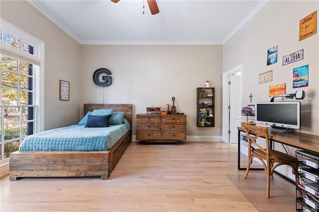 6191 Talmadge Run, Acworth, GA 30101 - bedroom with crown molding, baseboards, ceiling fan, and light wood finished floors
