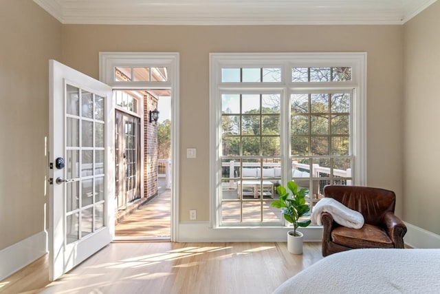 doorway featuring french doors, wood finished floors, baseboards, and ornamental molding