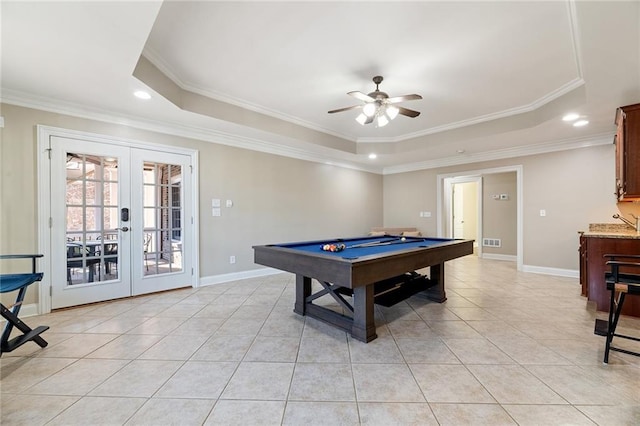 6191 Talmadge Run, Acworth, GA 30101 - game room with crown molding, a ceiling fan, a raised ceiling, billiards, and light tile patterned floors