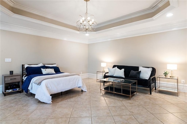 6191 Talmadge Run, Acworth, GA 30101 - bedroom with a notable chandelier, baseboards, light tile patterned floors, a tray ceiling, and ornamental molding