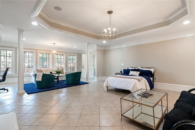 6191 Talmadge Run, Acworth, GA 30101 - bedroom featuring multiple windows, ornamental molding, decorative columns, and a notable chandelier