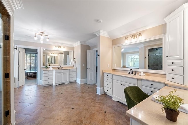 6191 Talmadge Run, Acworth, GA 30101 - bathroom with baseboards, a sink, crown molding, and tiled shower