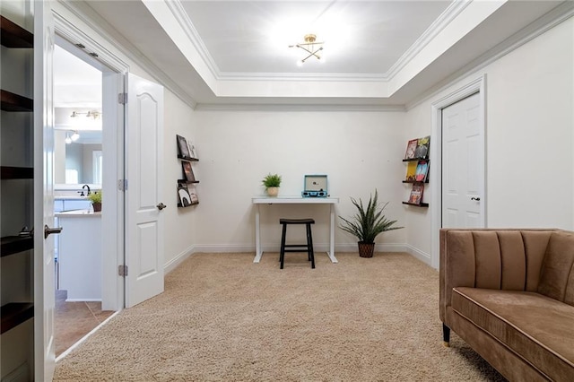 6191 Talmadge Run, Acworth, GA 30101 - living area with carpet floors, ornamental molding, baseboards, and a tray ceiling