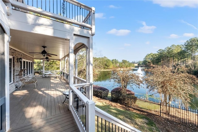 6191 Talmadge Run, Acworth, GA 30101 - wooden deck featuring a water view, fence, and a ceiling fan