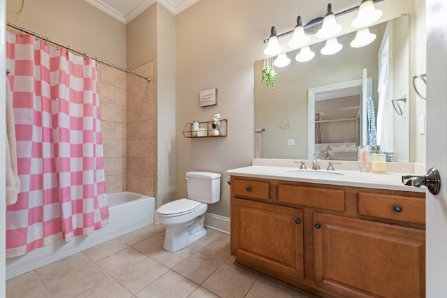 full bath featuring vanity, shower / tub combo, crown molding, toilet, and tile patterned floors