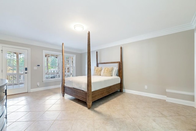 unfurnished bedroom with light tile patterned floors, access to outside, baseboards, and ornamental molding