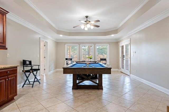 game room with ceiling fan, french doors, billiards, crown molding, and light tile patterned floors