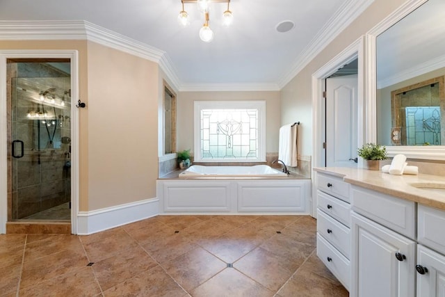 bathroom with tile patterned flooring, vanity, crown molding, and independent shower and bath