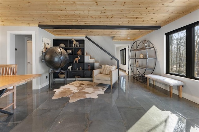 living area featuring wood ceiling