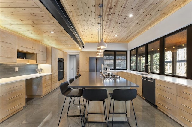 kitchen with tasteful backsplash, light brown cabinets, wood ceiling, and black appliances