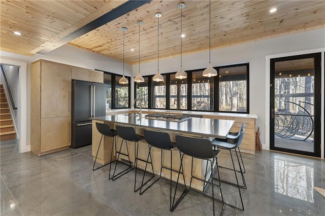 bar featuring pendant lighting, stainless steel appliances, wooden ceiling, and light brown cabinets