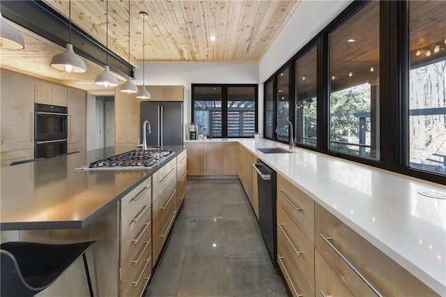 kitchen featuring sink, decorative light fixtures, wooden ceiling, and appliances with stainless steel finishes