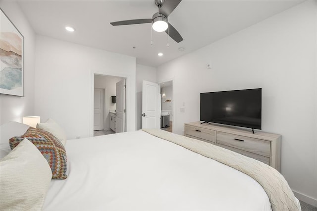 bedroom with a ceiling fan, ensuite bath, and recessed lighting