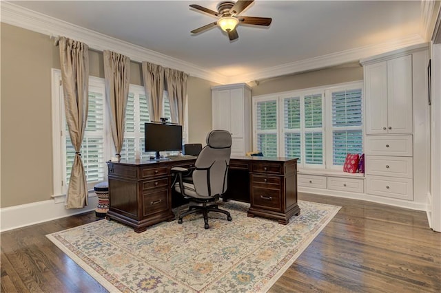 452 Brushstroke Ct SE, Marietta, GA 30067 - home office featuring ceiling fan, healthy amount of natural light, crown molding, and dark wood-style flooring