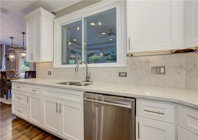 452 Brushstroke Ct SE, Marietta, GA 30067 - kitchen with dishwasher, a sink, tasteful backsplash, white cabinetry, and light stone counters
