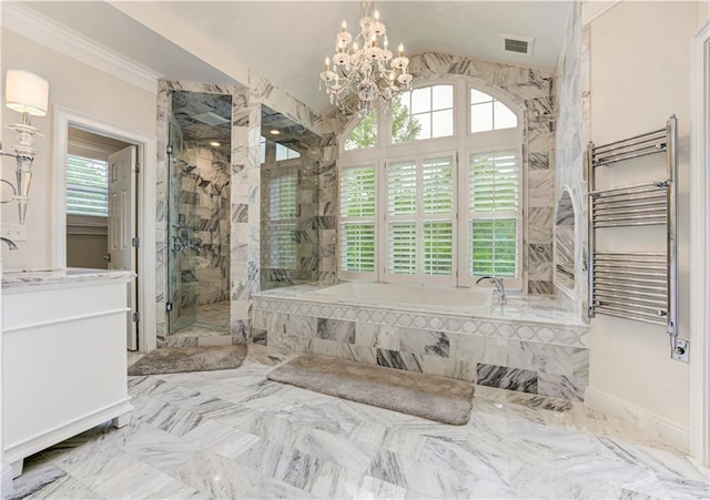 452 Brushstroke Ct SE, Marietta, GA 30067 - bathroom with radiator heating unit, a garden tub, vanity, healthy amount of natural light, and lofted ceiling