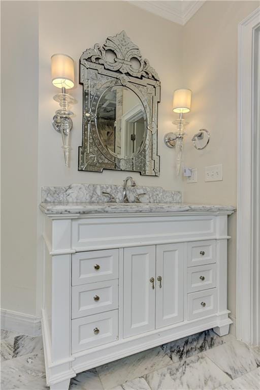 452 Brushstroke Ct SE, Marietta, GA 30067 - bathroom featuring marble look tiles, vanity, and ornamental molding