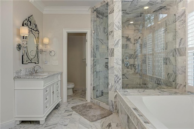 452 Brushstroke Ct SE, Marietta, GA 30067 - full bath featuring a garden tub, toilet, crown molding, vanity, and a marble finish shower