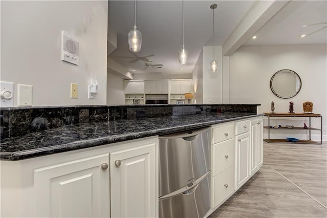 452 Brushstroke Ct SE, Marietta, GA 30067 - kitchen featuring stainless steel dishwasher, ceiling fan, light wood finished floors, white cabinetry, and recessed lighting