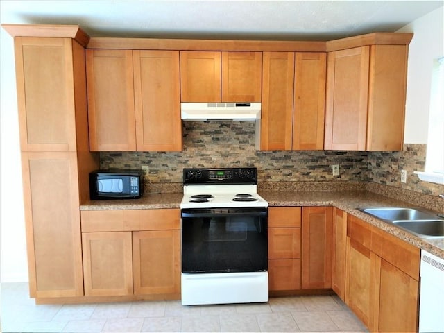 295 Forest Pl, Lawrenceville, GA 30046 - kitchen featuring electric range, under cabinet range hood, dishwashing machine, black microwave, and backsplash