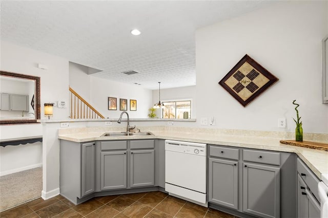 554 Rendevous Rd, Acworth, GA 30102 - kitchen with gray cabinets, white dishwasher, a sink, a peninsula, and recessed lighting