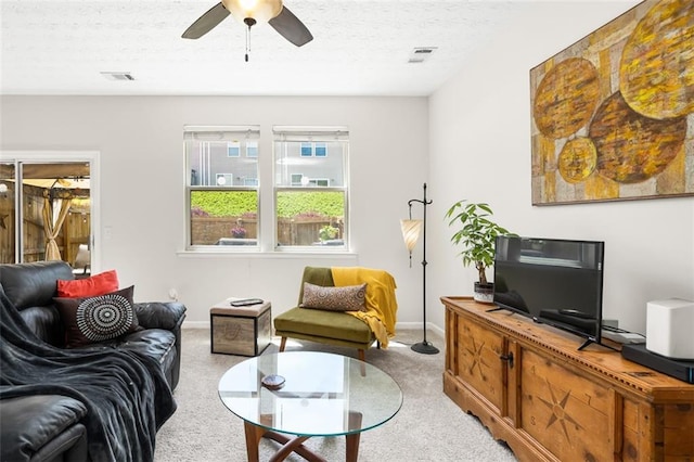 554 Rendevous Rd, Acworth, GA 30102 - living room featuring light carpet, ceiling fan, and baseboards
